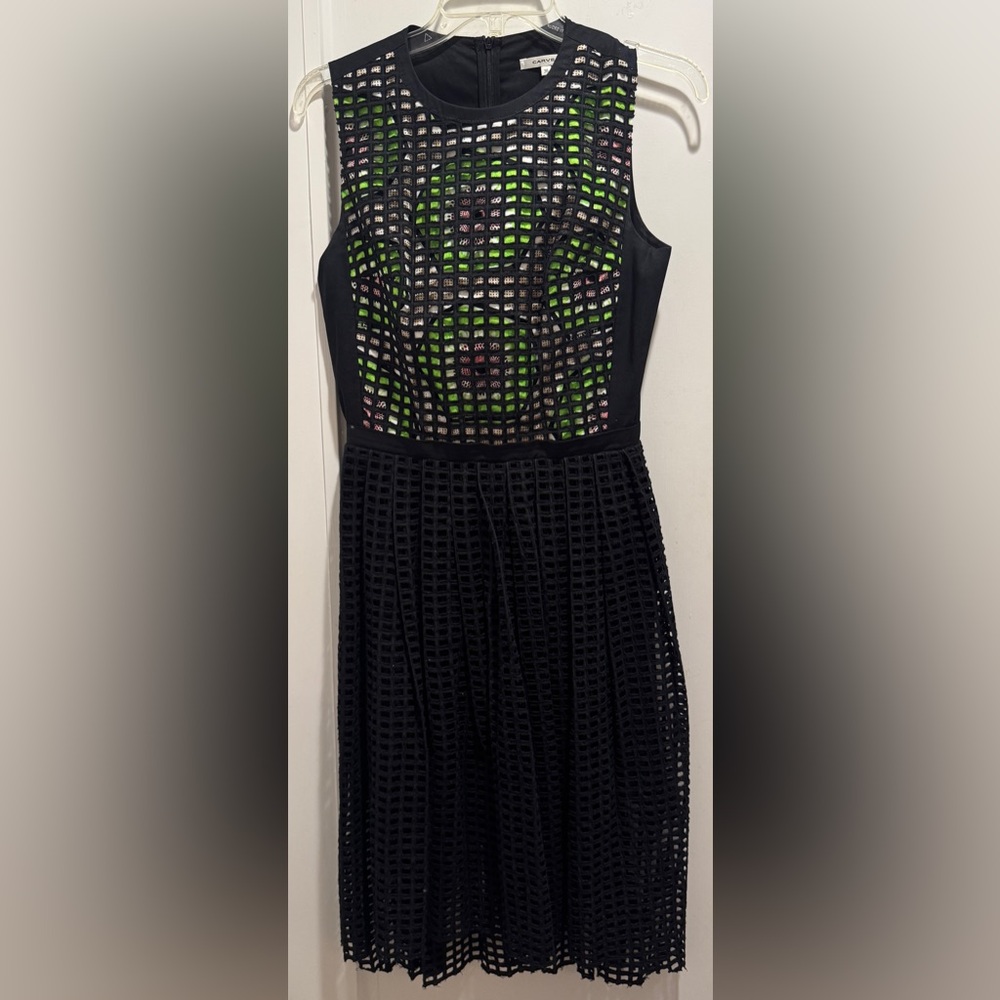 Carven Black Grid Cut Out Overlay Midi Dress. Size 36/US 4. EXCELLENT CONDITION!